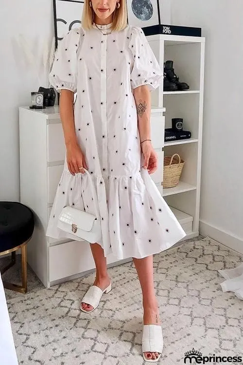 Print Puff Half Sleeve Maxi Dress