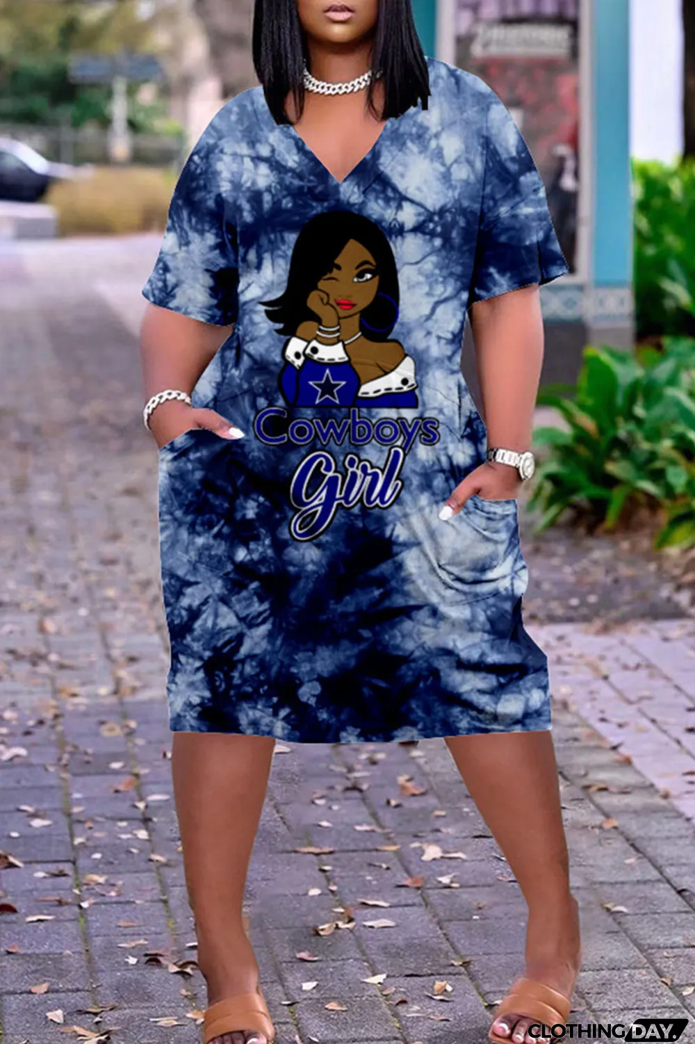 Blue White Casual Print Patchwork V Neck Straight Dresses