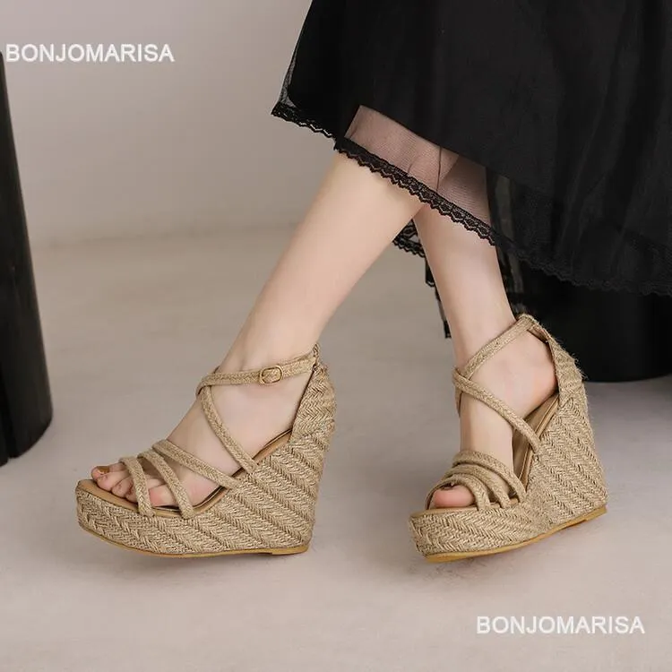 yyvonne High Heel Sandals For Women Cross Strap Fashion Platform Sandals Shoes Summer Narrow Band High Heeled Straw Espadrille