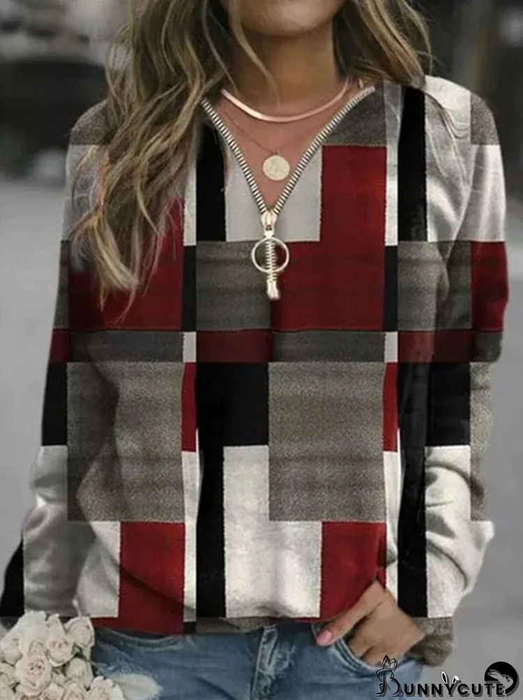Women's Stitching Plaid  Printed V-Neck Long Sleeve Top