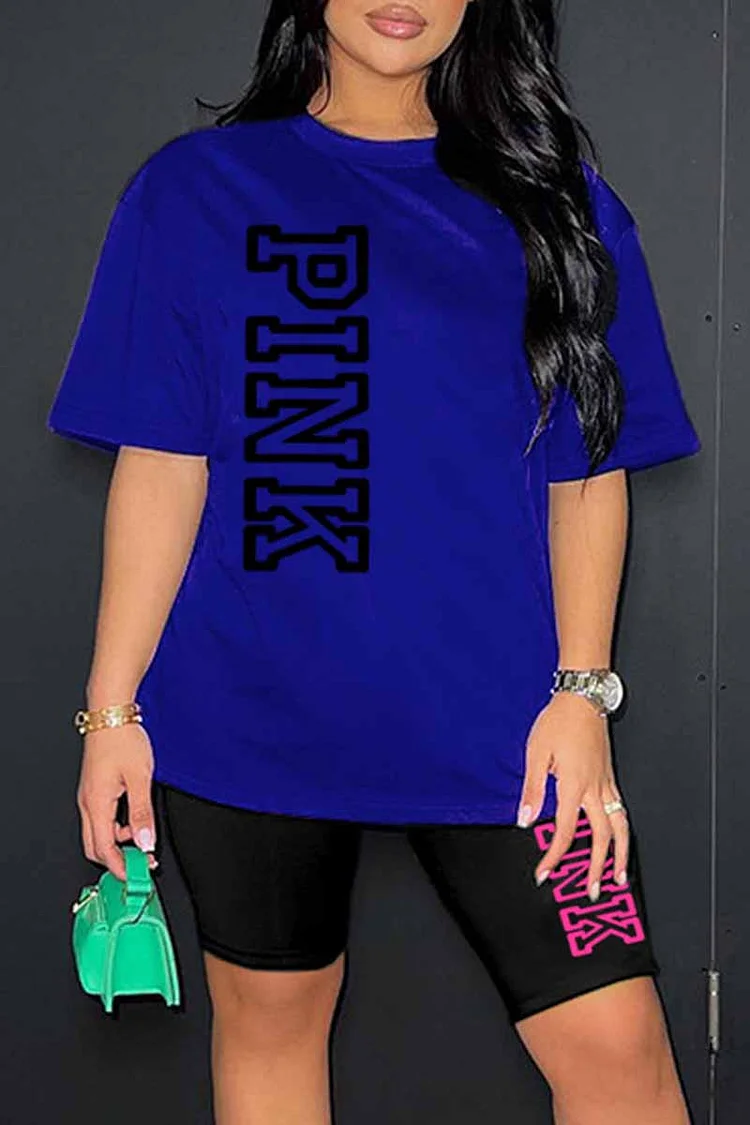 Blue Casual Print Letter O Neck Short Sleeve Two Pieces