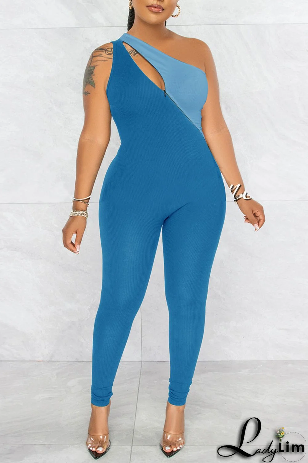 Blue Casual Solid Patchwork Zipper Oblique Collar Skinny Jumpsuits