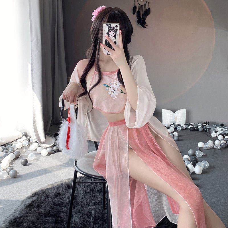 OJBK Women Sexy Lingerie Chinese Traditional Bathrobe Mesh Bandage Suit Girl See Through Sleepwear Blossoms Long Robes Nightgown