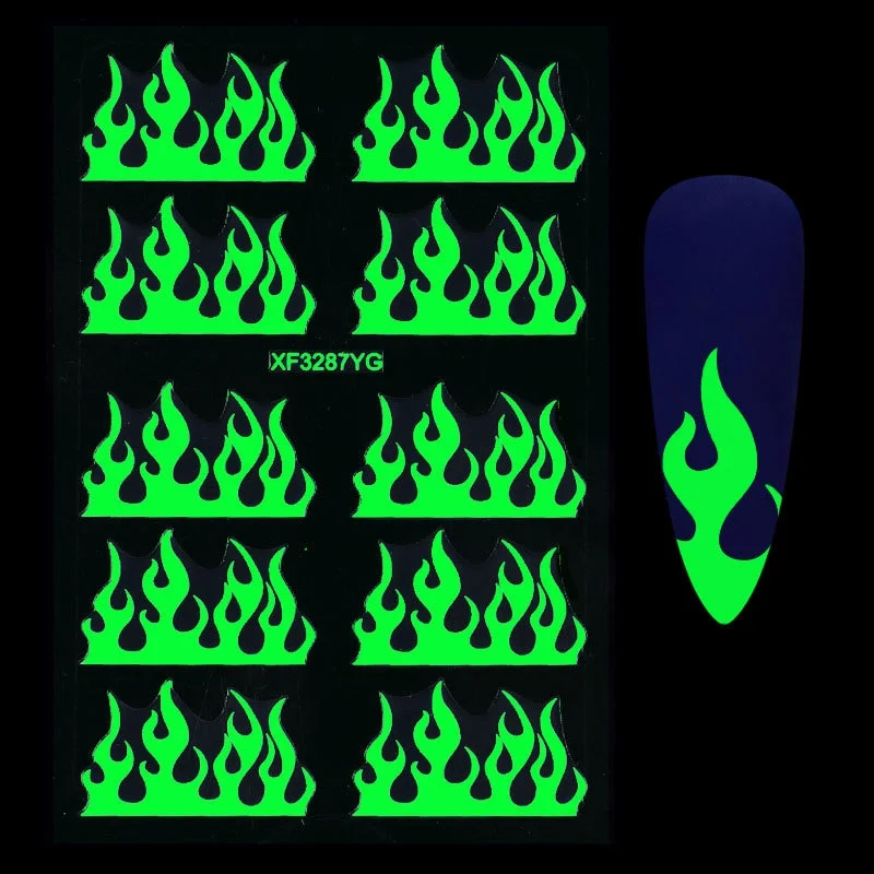 Luminous Fire Nail Art Stickers Glow In Dark Nail Decals Moon Butterfly Transfer Manicure Design Night Light Stickers-Nail Inspo