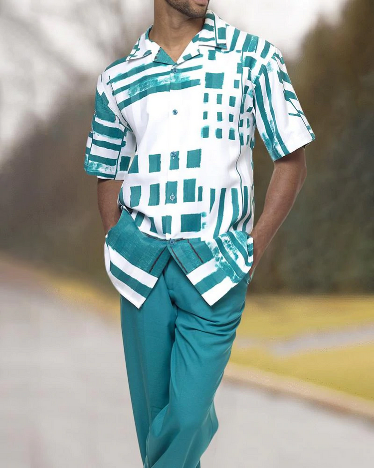 Two Piece Short Sleeve Print Walking Suit Set With Long Pants