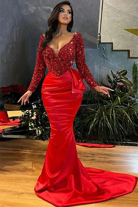 Gorgeous Red V-Neck Long Sleeves Mermaid Prom Dress With Sequins - lulusllly