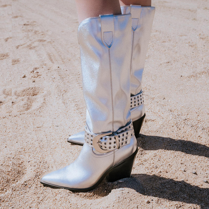 Metallic Silver Chunky Heel Ankle Buckle Strap Mid-Calf Cowgirl Boots
