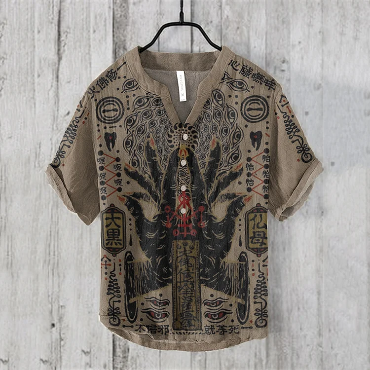 Simpfit Gemütliches Herrenhemd aus Nachahmung aus Nachahmung aus Baumwolle und Leinen im Vintage-Stil „Dark Myth Art“