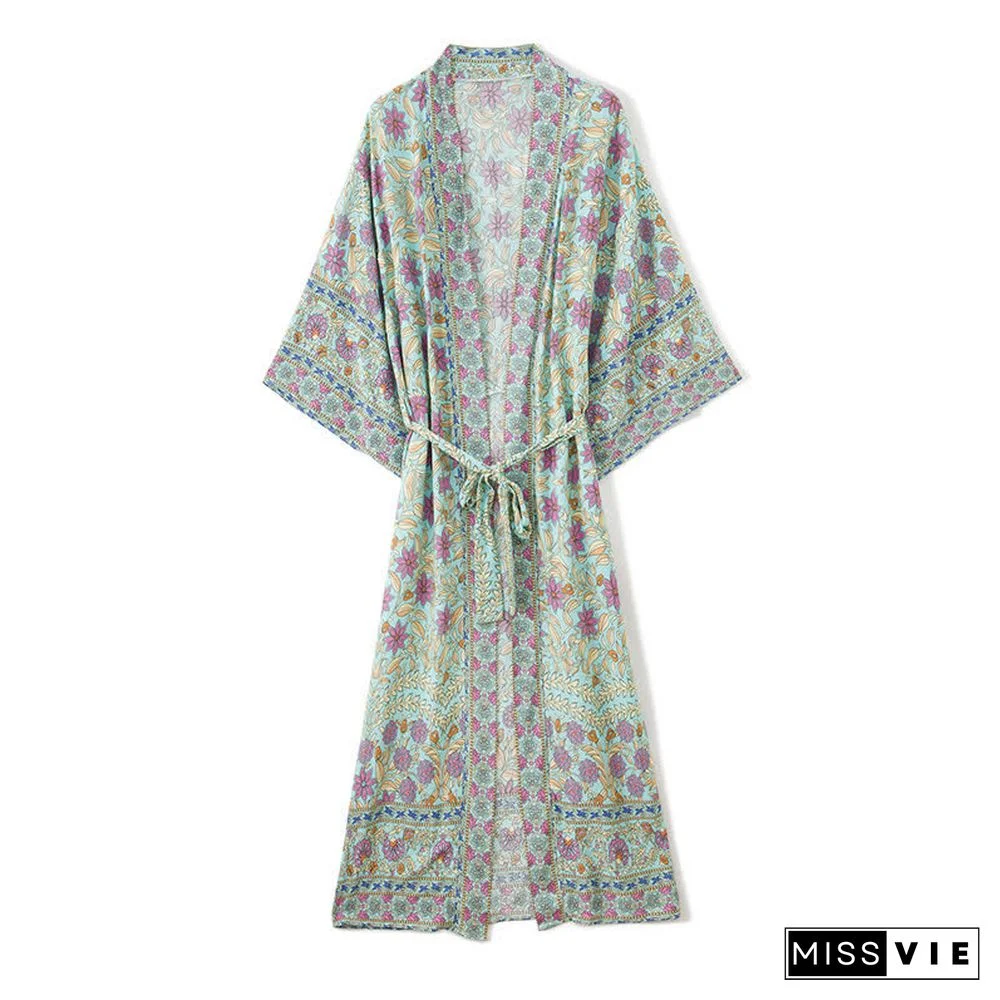 Boho Floral Print Belt Robe Long Cardigan Kimono Outerwear