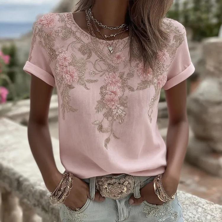 Women's Vintage Pink Rose Embroidery Art Round Neck Short Sleeve Linen Blend T-shirt