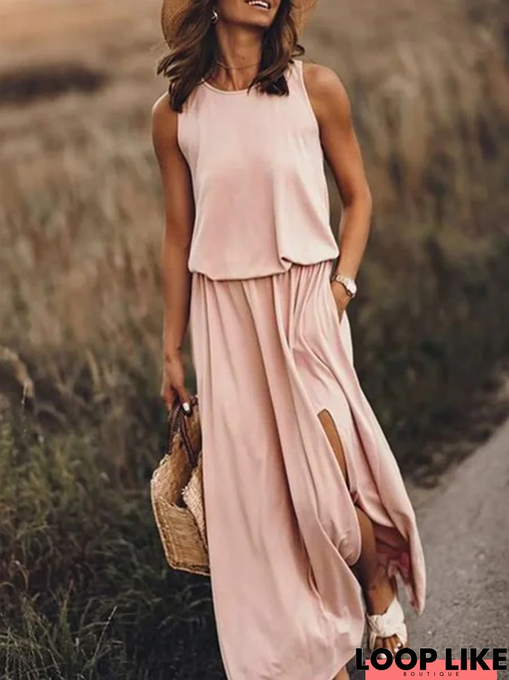 Women's Round Neck Solid Cotton-Blend Boho Pink Maxi Dress