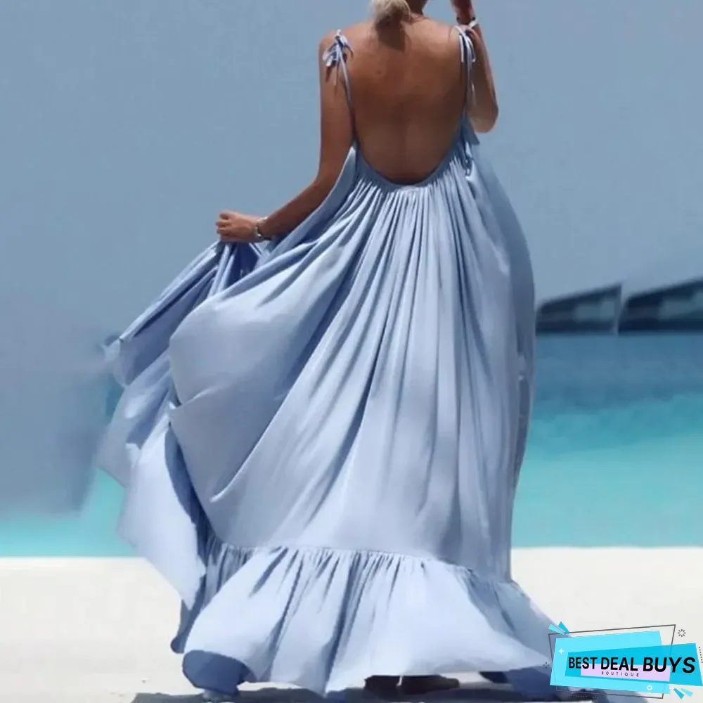 Elegant Spaghetti Strap Flowing Plain Maxi Dress