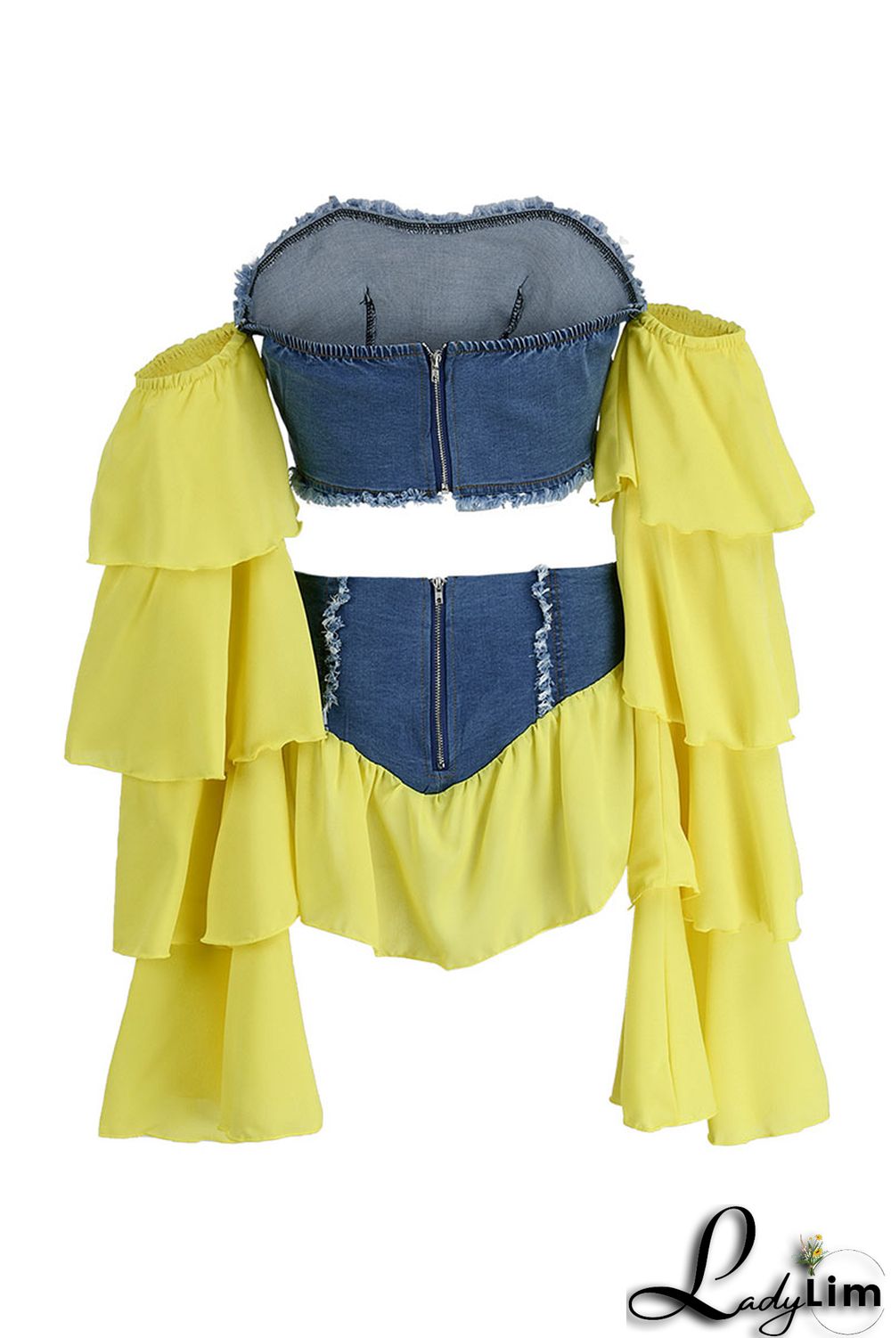 Yellow Fashion Sexy Patchwork Backless Off the Shoulder Long Sleeve Two Pieces