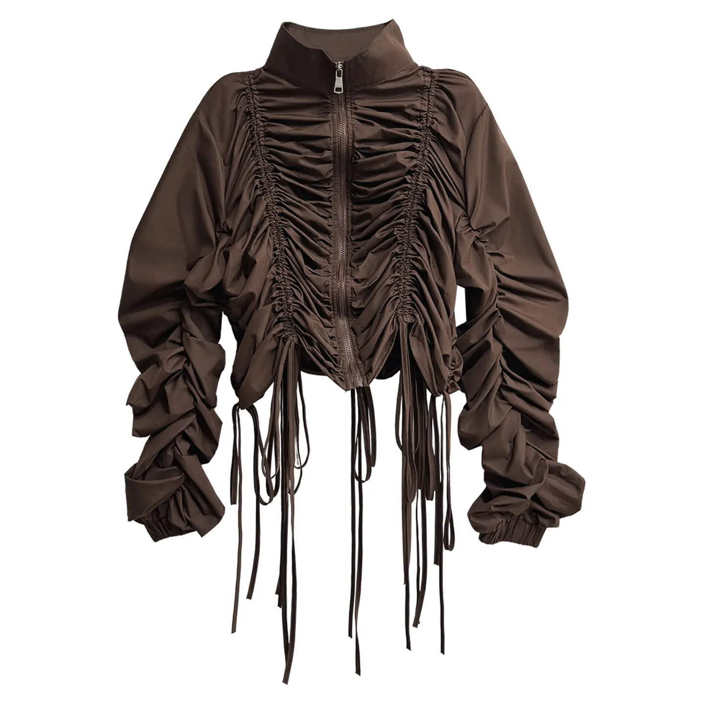 Irregular drawstring pleated jacket & fringed skirt set