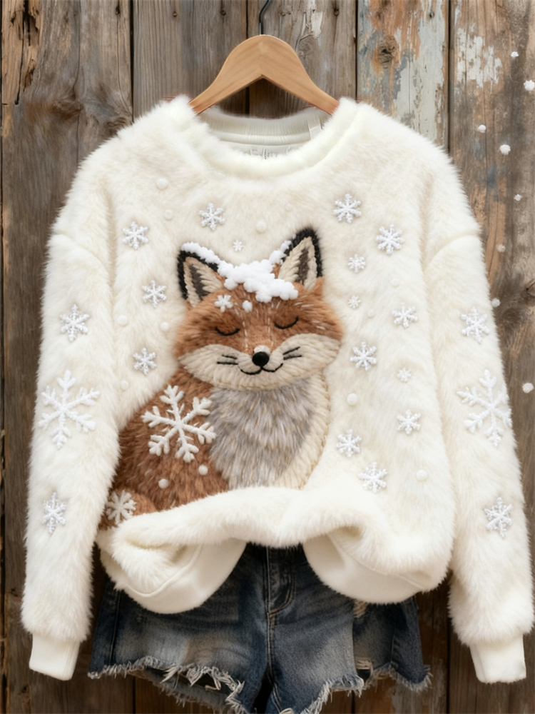 Fuzzy Fox In The Snow Snowflakes Cozy Plush Sweatshirt elevenforest