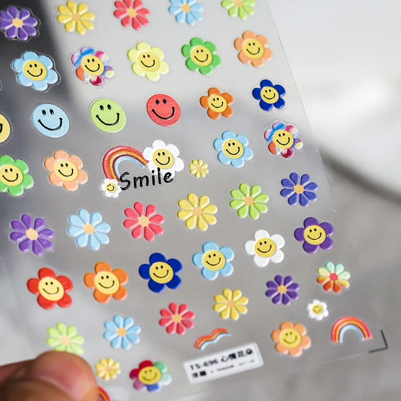 1 Sheet 5D High Quality Ultra-Thin Adhesive Smiley Nail Art Stickers Spring and Summer Cute Smile DIY Manicure Decal Decoration-Nail Inspo