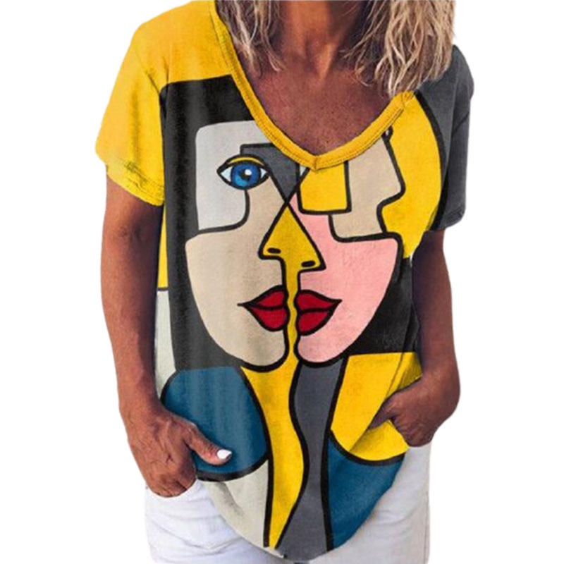 V Neck Short Sleeve Tees Women Casual Summer Cartoon Face Print Funny Shirt Top Loose Y2K Harajuku Tshirt Vintage Clothing S-5XL