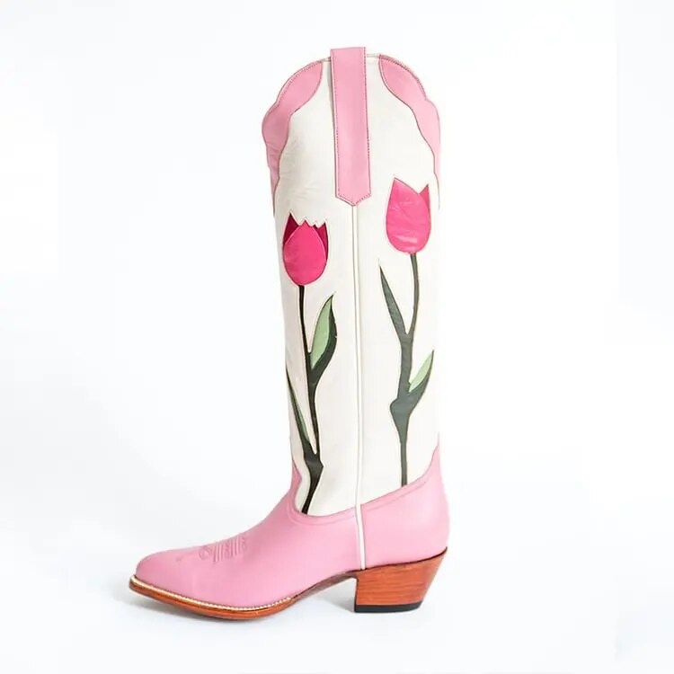 VCSHOES Chunky Heel Tulips Below The Knee Heeled Cowboy Boots for Women Botas De Mujer