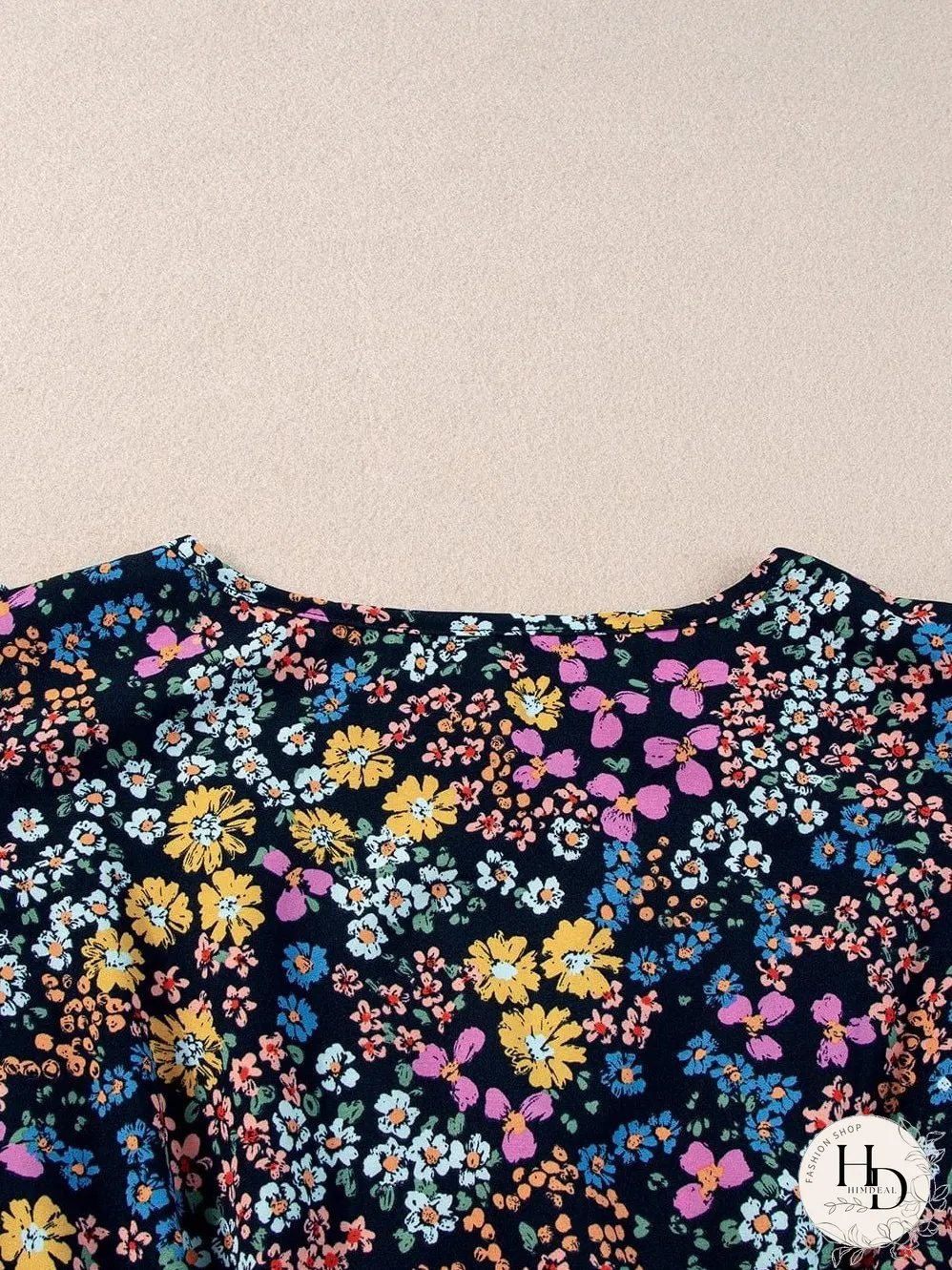 Elegant Black Floral V-Neck Midi Dress with Ruffle Sleeves