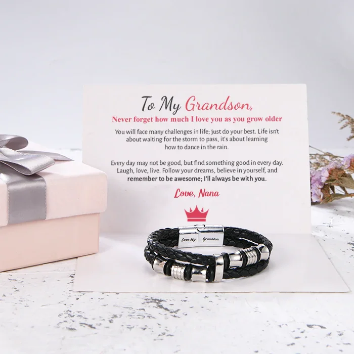 To My Grandson, Inspirational Leather Bracelet Bangle with Message Card Gifts For Man