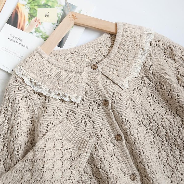 Queenfunky cottagecore style Morikei Lace Collar Knitted Cardigan QueenFunky