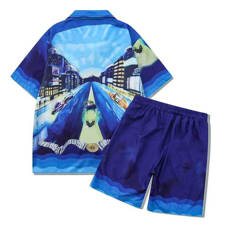 Dark Night Neon Street Print Shirt And Shorts Co-Ord