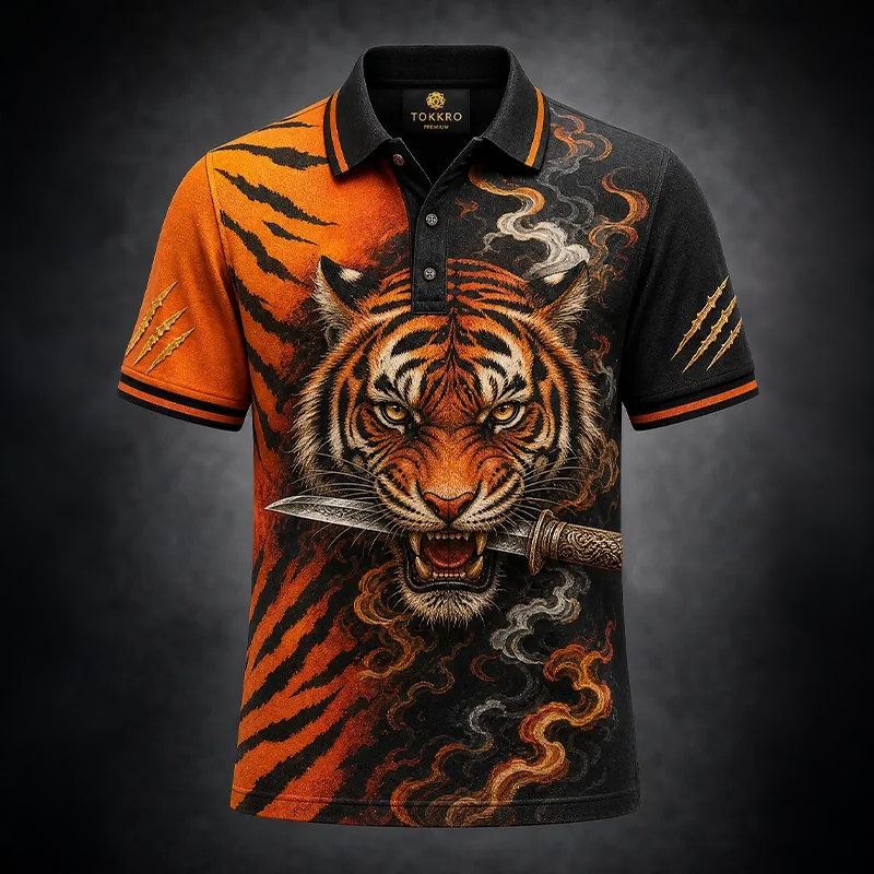 Men's Japanese Tiger Head Dagger Art Print Short Sleeve Polo Shirt  artssus