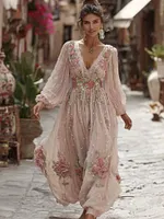 Women's Vintage Rose Embroidered Linen Blend Dress