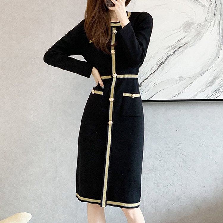 Black Buttoned Long Sleeve Knitted Dresses QueenFunky