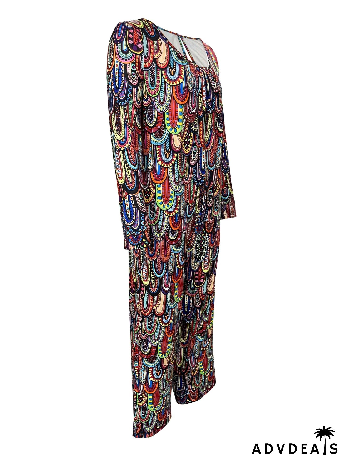 Women Print Casual Round Neck Loose Long Sleeve Jumpsuit