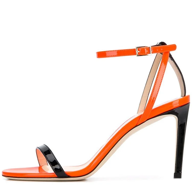 Orange and Black Patent Leather Stiletto Heels Ankle Strap Sandals |FSJ Shoes