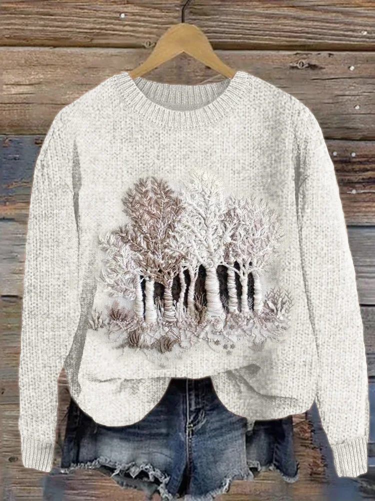 VChics Winter Forest Trees 3d Embroidered Cozy Knit Sweater