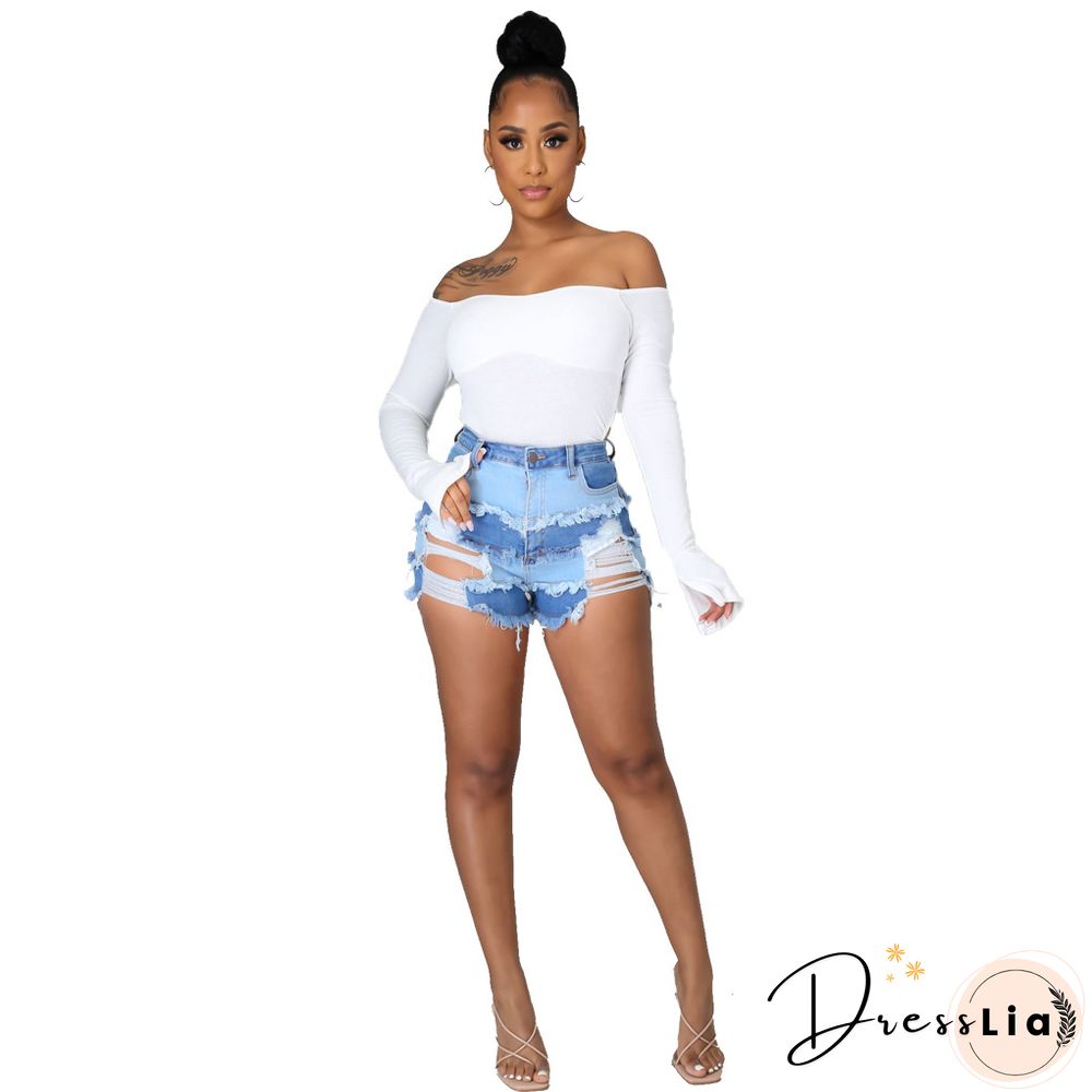 Summer Sexy Patchwork Women Ripped High Waist Holes Stretch Streetwear Plus Size Denim