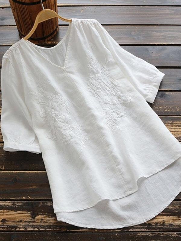 Ladies V-neck lace embroidered short sleeve shirt-Mayoulove