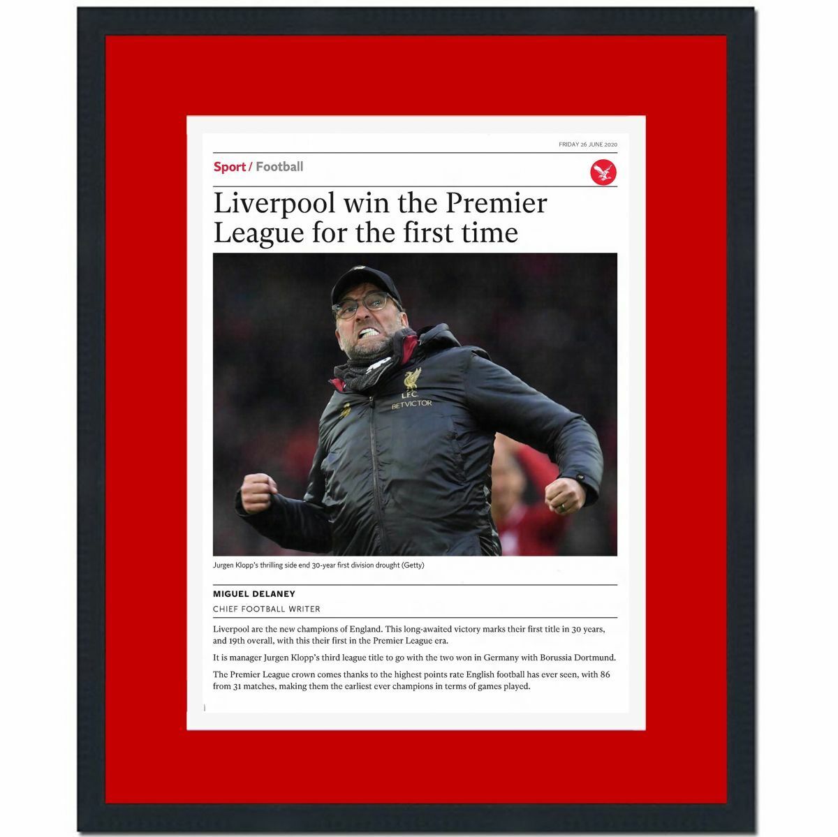 Framed The Independent Liverpool 2019-2020 Premier League Newspaper 17x20 Photo Poster painting