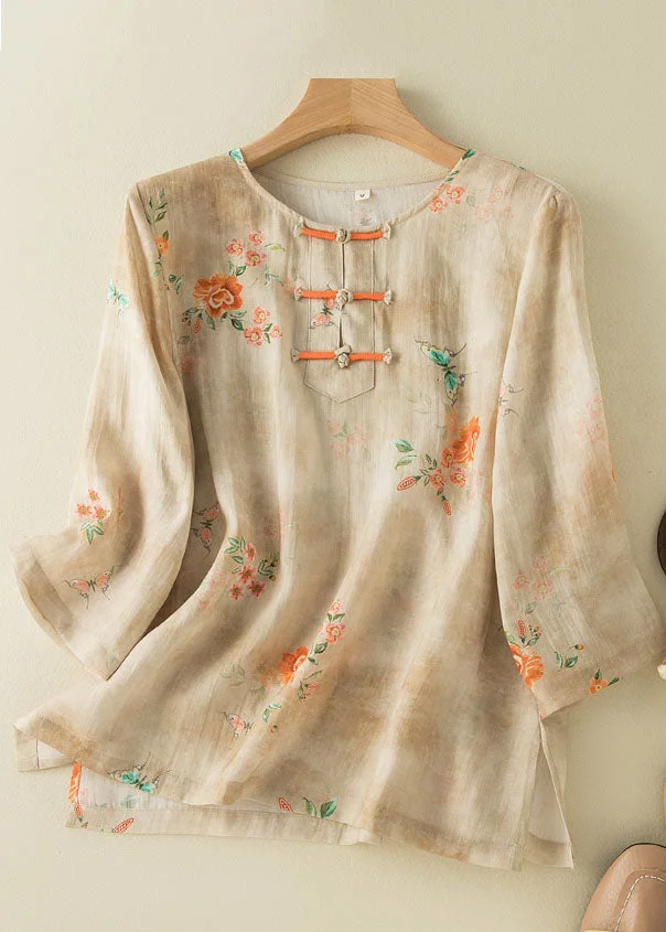 Chinese Style Apricot O-Neck Print Oriental Button Side Open Linen Shirt Top Bracelet Sleeve