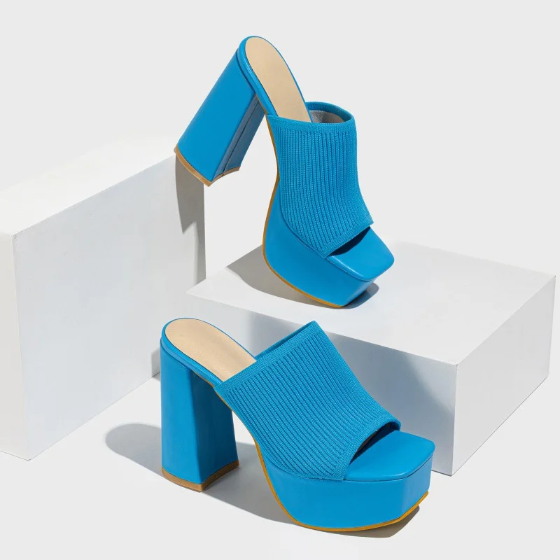 Yyvonne New Women's Knit Fashion Coarse And Waterproof Table Outdoor Street Runway Fish Mouth Slippers