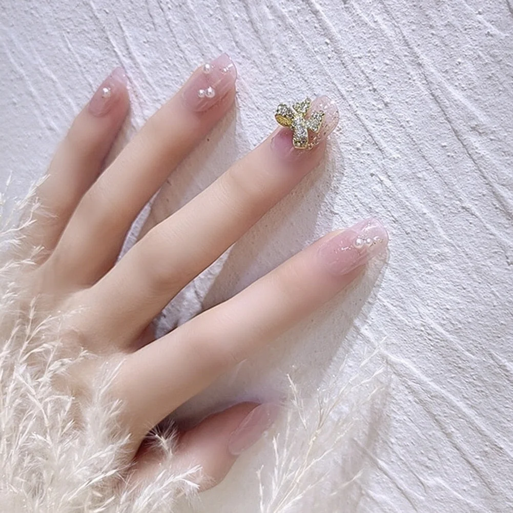 24 Pcs Nude Color nail tips Women Wearable  Fake press on Nails with Diamond Short Round Full Cover artificial nails with Glue-Nail Inspo