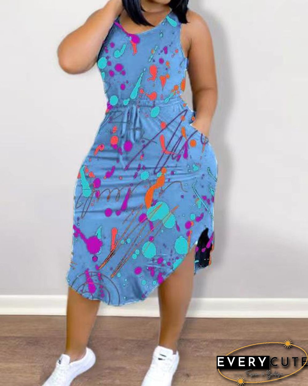 Ink Splash Print Strap Sleeveless Slim Midi Dress
