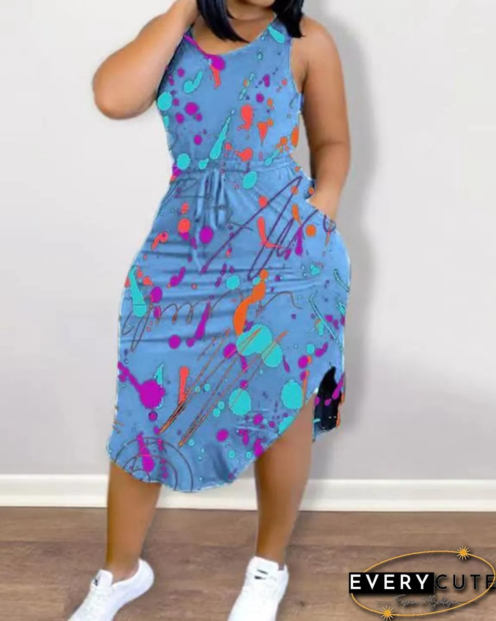Ink Splash Print Strap Sleeveless Slim Midi Dress