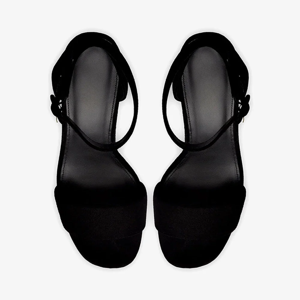 Black Vegan Suede Ankle Strap Women's Heel Sandals with Platform