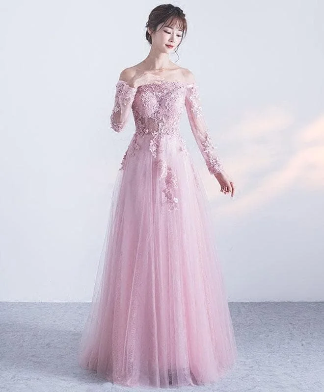 Pink Tulle Lace Long Prom Dress, Long Sleeve Evening Dress