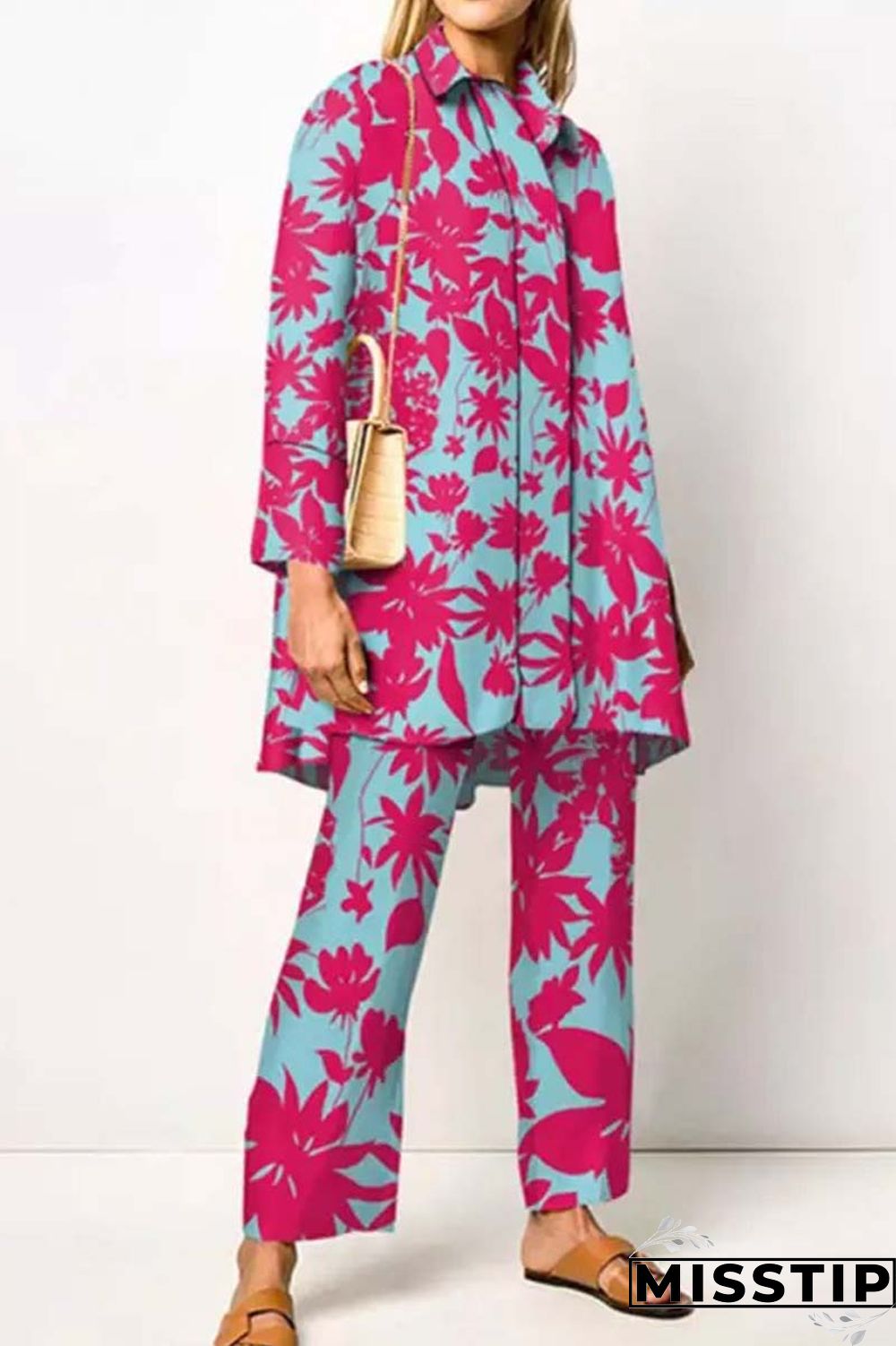 Orange Casual Print Patchwork Shirt Collar Long Sleeve Two Pieces