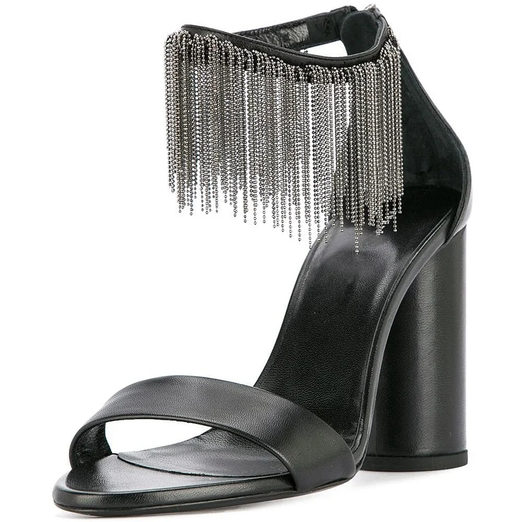 Black Chunky Heels Open Toe Fringe Ankle Strap Sandals for Women |FSJ Shoes