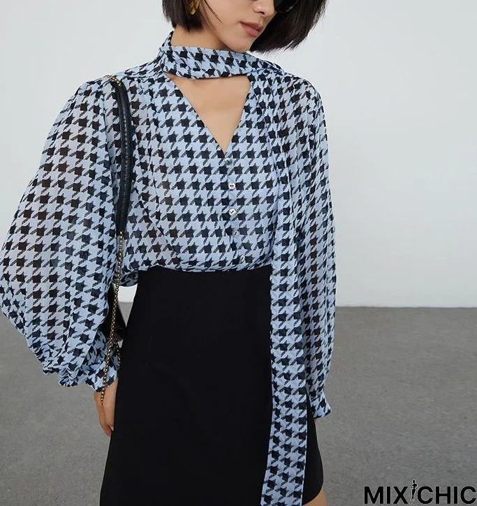 Elegant Houndstooth Long Sleeve Shirt Collar Blouse