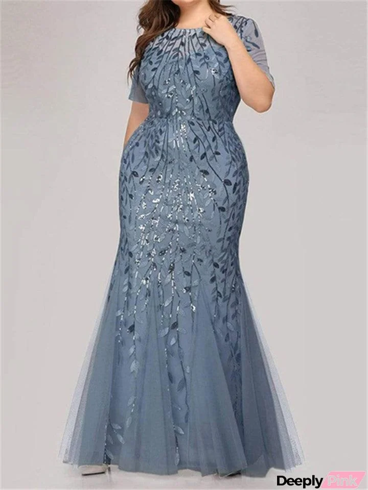 Short Sleeve Sequined Mesh Mermaid Slim Evening Dress