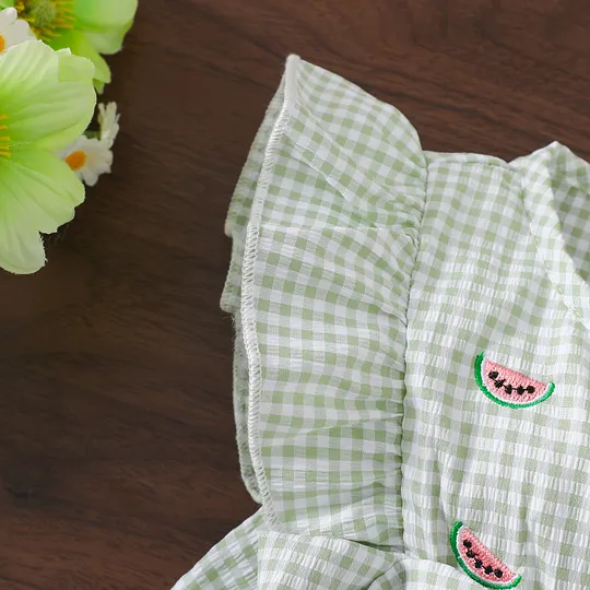 【6M-4Y】2-piece Girls Watermelon Embroidery Plaid Top And Shorts Set