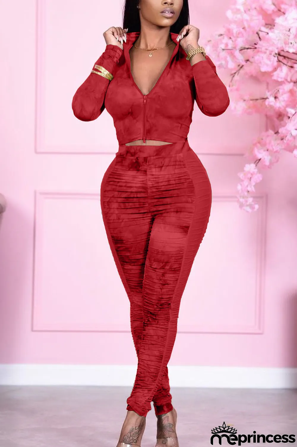 Blue Casual Print Solid Split Joint Zipper Collar Long Sleeve Two Pieces