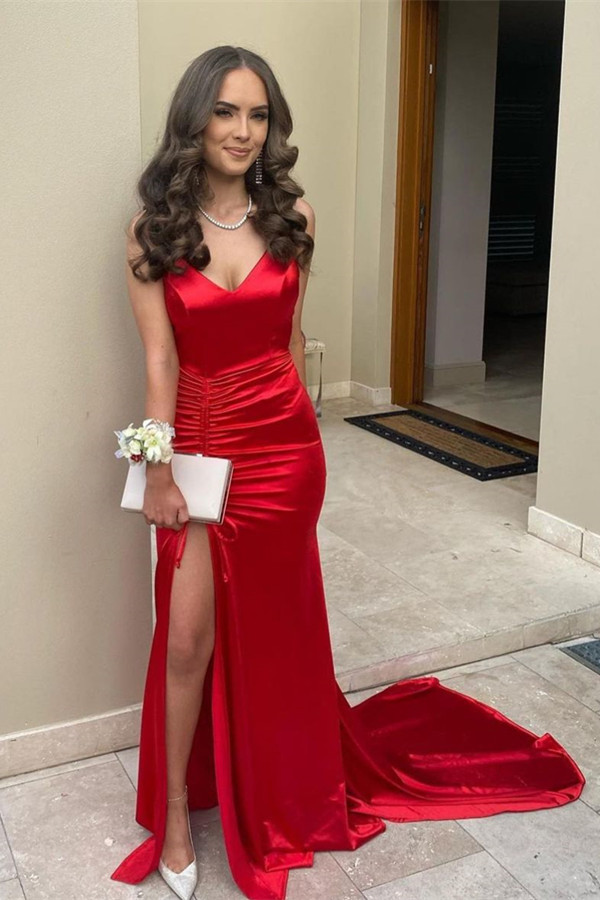 Bellasprom Red Evening Dress Long With Slit Spaghetti-Straps Bellasprom
