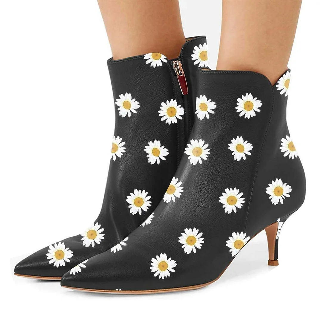 Faux Leather Pointed Toe Daisy Print Zipper Heeled Booties in Black
